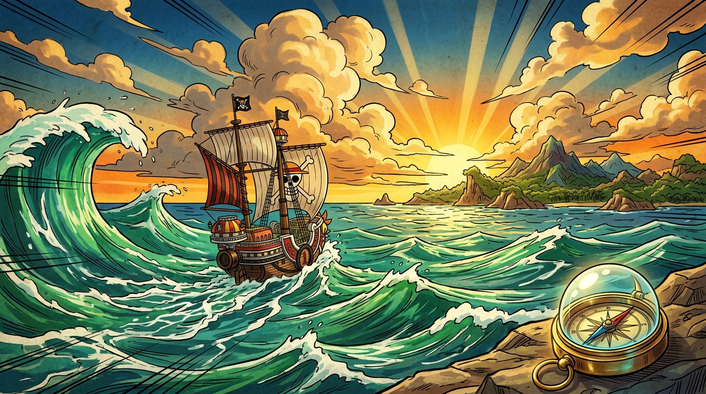 Thousand Sunny che solca le onde verso il tramonto dorato