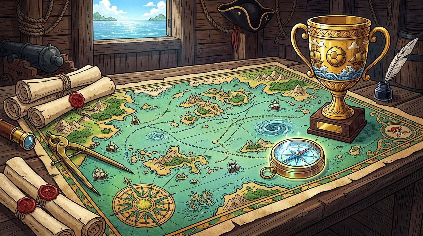 Mappa nautica antica con Log Pose e coppa d'oro